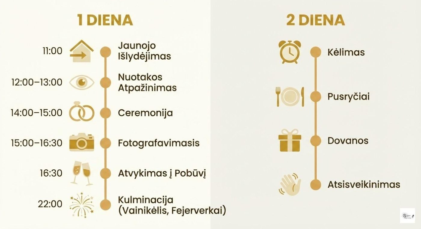 Tradicinių lietuviškų vestuvių dviejų dienų laiko planas su valandomis ir pagrindiniais etapais
