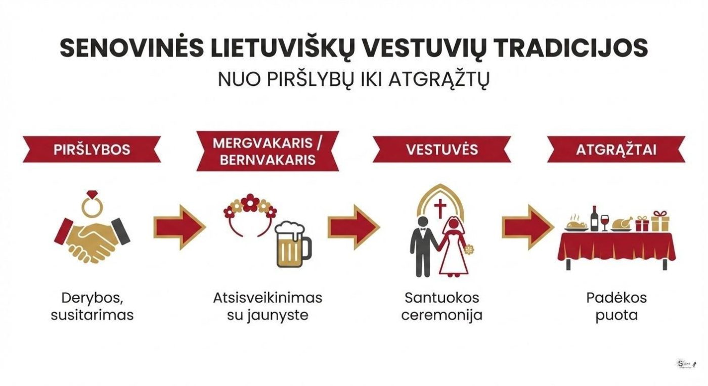 Senovinės lietuviškų vestuvių tradicijos: nuo piršlybų iki atgrąžtų infografikas
