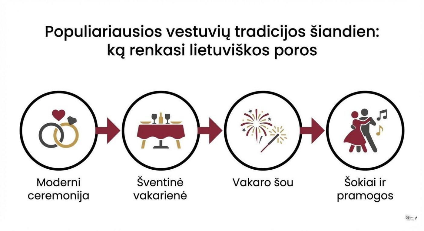Populiariausios vestuvių tradicijos šiandien: ką renkasi lietuviškos poros infografikas
